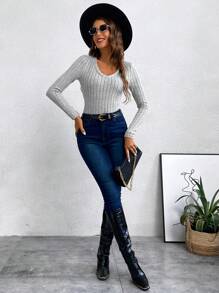 SHEIN LUNE Body de cuello V tejido de canalé - Gris - Ver 4