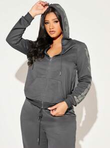 SHEIN SXY 字母圖案拉鍊抽繩連帽衫 - 淺灰色 - 查看 1