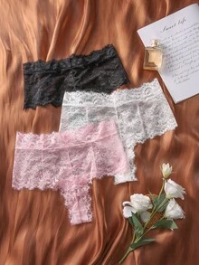 3入組花卉蕾絲蝴蝶結裝飾內褲 - 彩色 - 查看 3