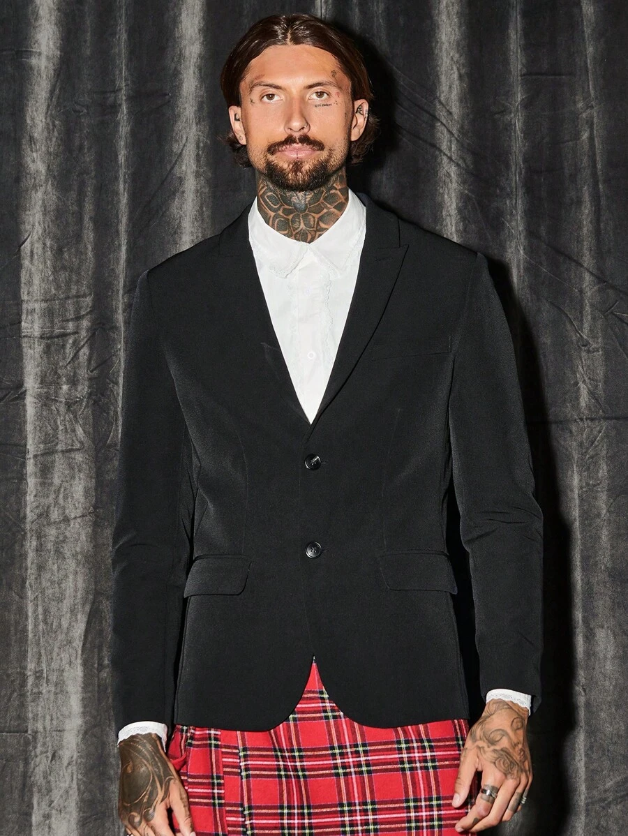 Manfinity VCAY 男士素色單排釦西裝外套 - 黑色 - 查看 1