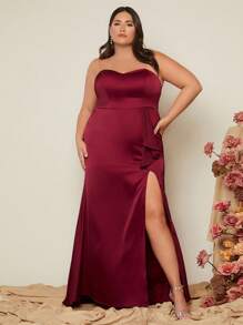 SHEIN Belle Burgundy Red Plus Split Thigh Bridesmaid Dress - Burgundy - View 3
