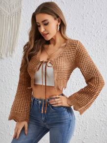 SHEIN VCAY Tie Front Flare Sleeve Crop Cardigan - Multicolor - View 1