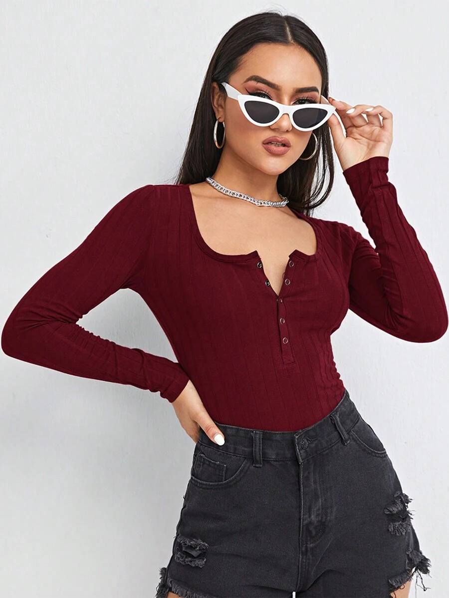 SHEIN Essnce Press Button Half Placket Ribbed Knit Tee - Burgundy - View 1