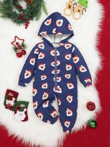SHEIN 男嬰聖誕圖案連帽連身褲 - 藍色 - 查看 1