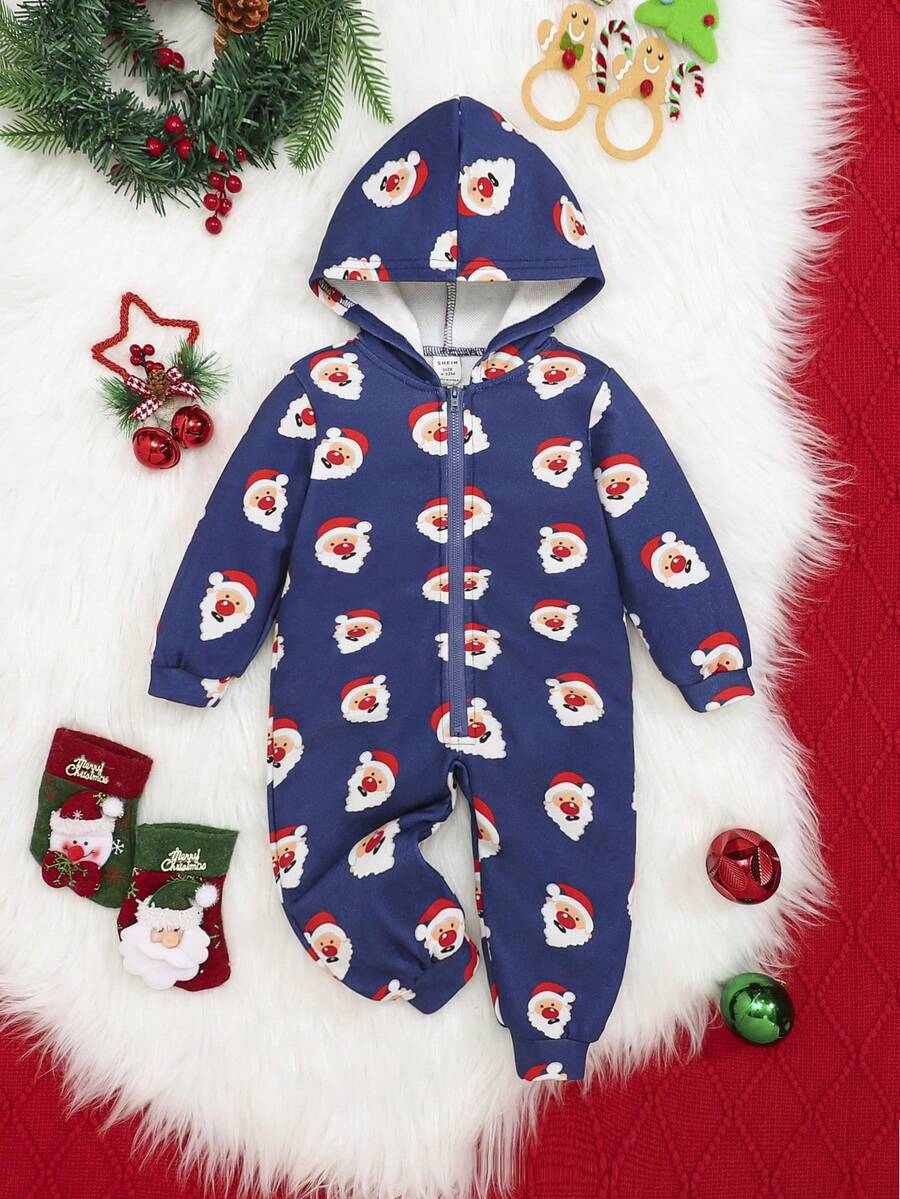 SHEIN 男嬰聖誕圖案連帽連身褲 - 藍色 - 查看 1