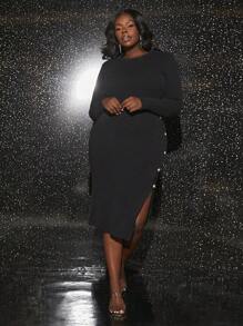 Slaydiva 大碼紐扣細節下擺開叉緊身毛衣洋裝 - 黑色 - 查看 4