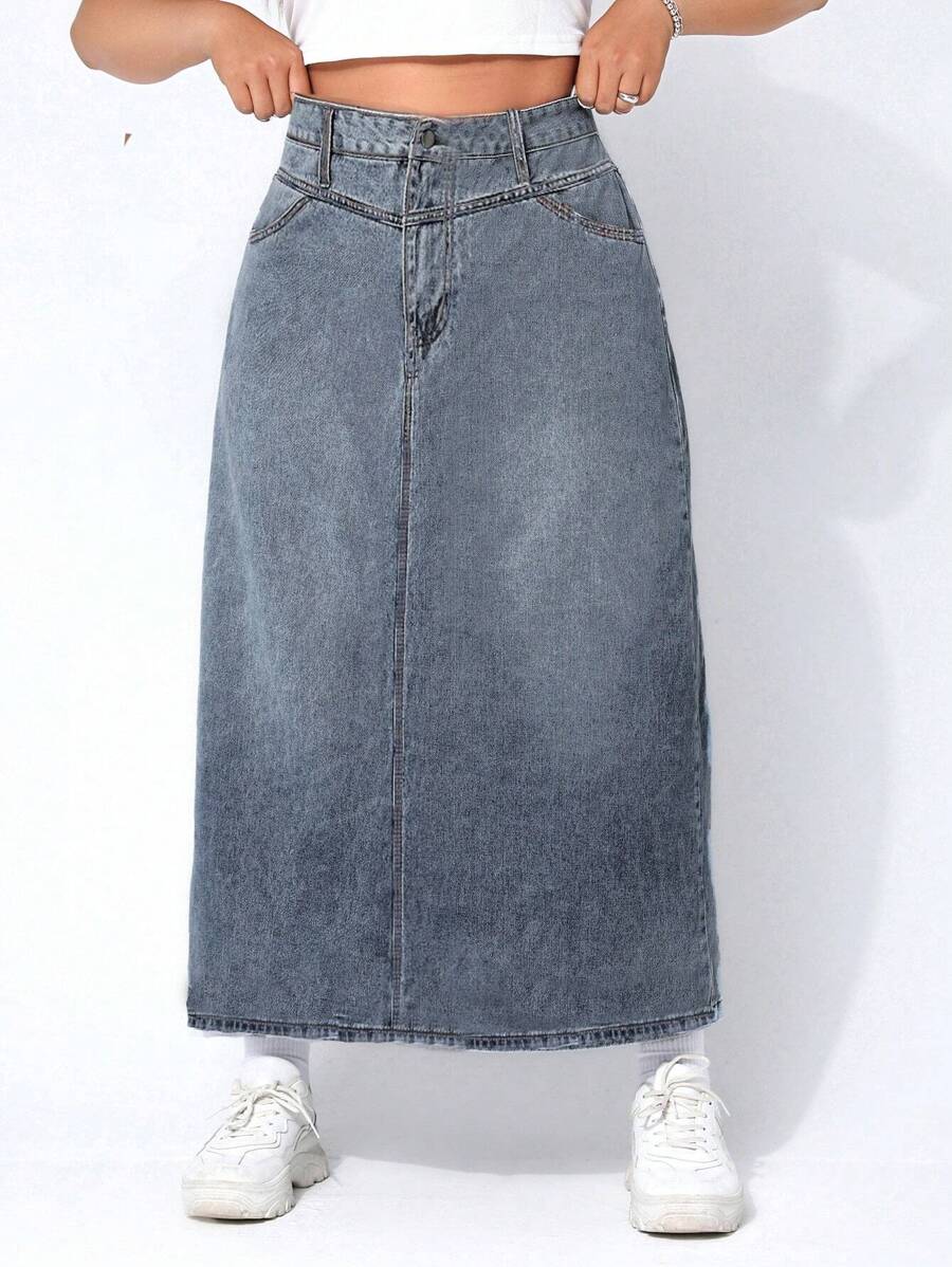 Plus Slant Pocket Denim Skirt - Medium Wash - View 1