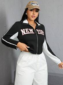 SHEIN EZwear 加字母圖案撞色側縫拉鍊夾克 - 黑與白 - 查看 5