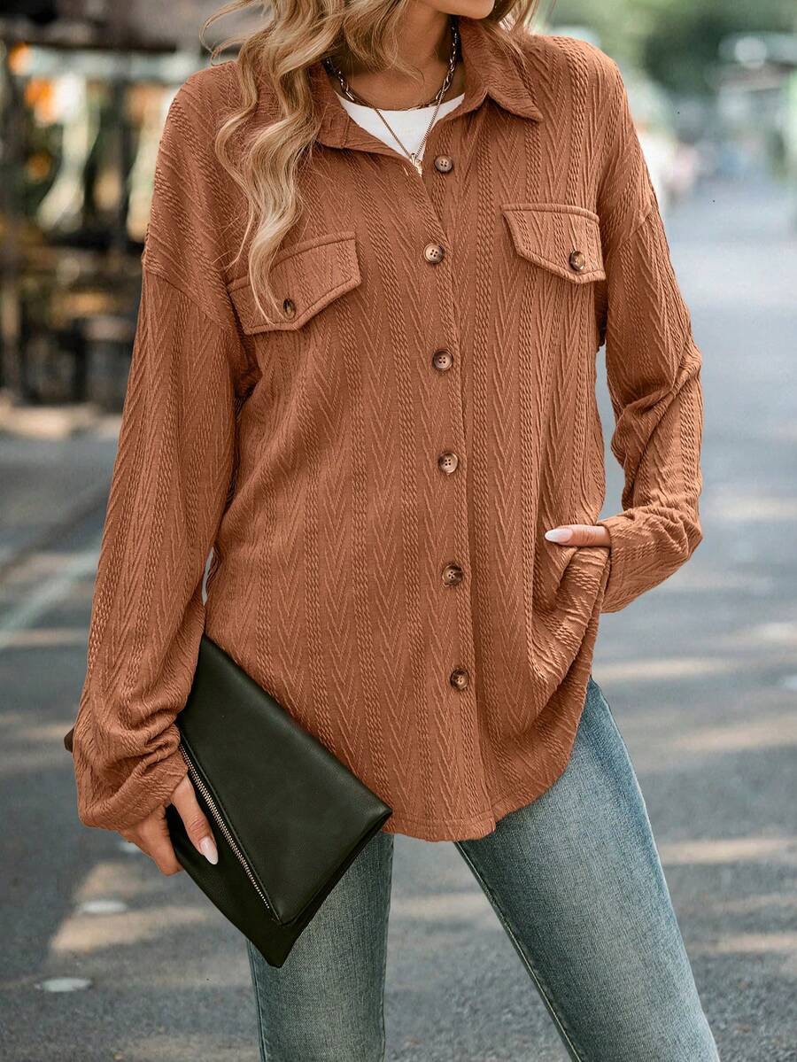 Chiquease Drop Shoulder Flap Detail Button Front Coat - Coffee Brown - View 1