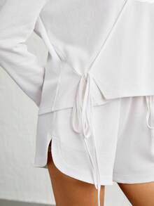 素色圍裹胸襟華夫格編織休閒服上裝 - 白色 - 查看 5