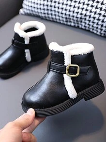 女孩的短毛絨pu皮革靴,中小童保暖靴