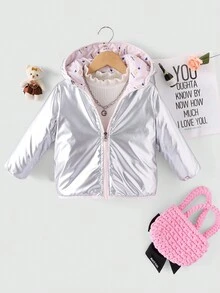 SHEIN 年轻女孩 1 件全身印花双面连帽棉服外套 - 粉色 - 查看 5