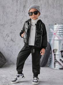 Young Boy Zip Up Hooded Padded Coat & Contrast Piping Sweatpants - Black - View 3