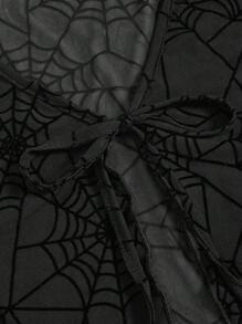 SHEIN ICON Halloween Spider Web Print Flare Sleeve Tie Front Mesh Top Without Tube Top - Black - View 3