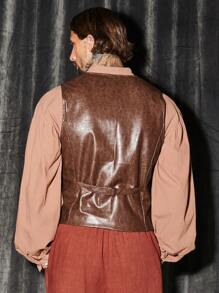 GENTILAND 男士前紐扣PU皮革夾克背心 - 棕色 - 查看 2