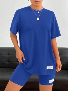 SHEIN EZwear 標語補丁貼落肩T恤&騎行褲 - 寶藍色 - 查看 3