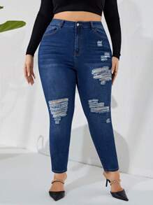 SHEIN Privé Plus Ripped Skinny Jeans - Blue - View 1