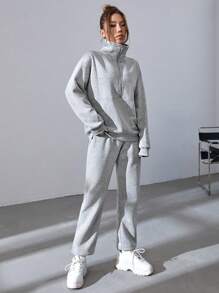 SHEIN EZwear Bộ đồ hai mảnh nữ Túi Dây kéo màu trơn Giải trí - Màu Xám nhạt - Xem 5
