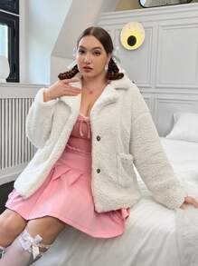 Flirla 加落肩口袋貼片泰迪熊大衣 - 米色 - 查看 7