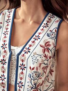 Bohemela Floral Print Contrast Binding Vest Jacket In Fall/Winter - White - View 6