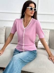 SHEIN Unity Contrast Trim Button Front Cardigan - Pink - View 3