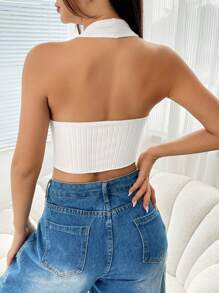 SHEIN EZwear Button Front Backless Halter Neck Crop Knit Top - White - View 2