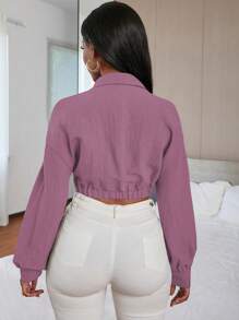 SHEIN SXY 前扭結口袋貼布短款襯衫 - 紫色 - 查看 2