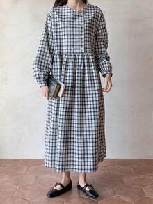 DAZY Vestido smock de guingán ribete con fruncido - Negro - Ver 8