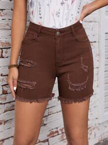 SHEIN Essnce Rách Raw Hem Rách Quần short Denim - Rỉ Nâu - Xem 4