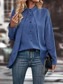 Chiquease 纯色纽扣前部不对称下摆衬衫 - 藏蓝色 - 查看 3