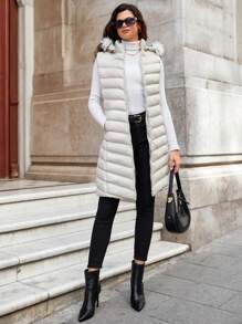 EURMUSE Fuzzy Trim Hooded Puffer Vest Coat - White - View 4