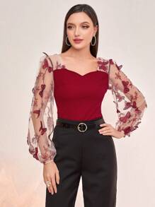 Modelyn 勃艮第红蝴蝶贴花网眼灯笼袖甜心领上衣 - 酒紅色 - 查看 1