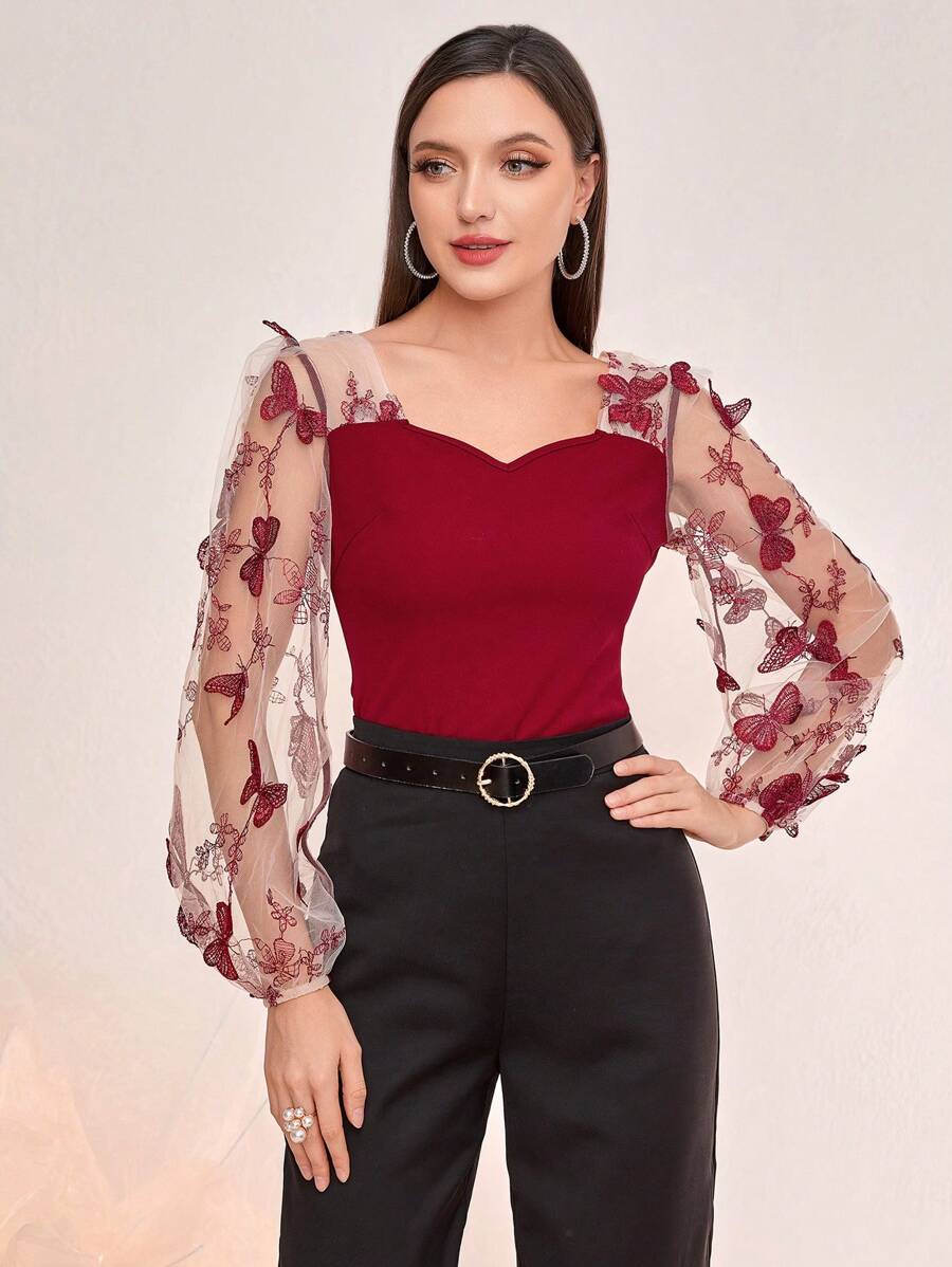 Modelyn 勃艮第红蝴蝶贴花网眼灯笼袖甜心领上衣 - 酒紅色 - 查看 1