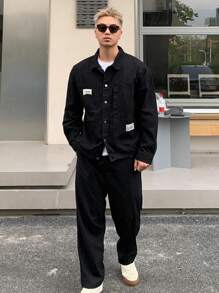 DAZY 男士字母贴布细节双口袋夹克商务装 - 黑色 - 查看 4