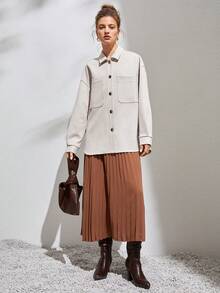 SHEIN Unity Drop Shoulder Pocket Patched Button Front Suedette Shirt - Beige - View 5