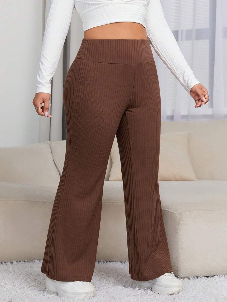SHEIN EZwear 大碼高腰喇叭褲 - 棕色 - 查看 1