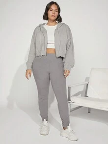 SHEIN BASICS 加落肩抽繩連帽短款開衫 - 淺灰色 - 查看 6