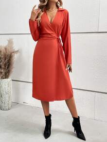 SHEIN Privé Đầm quấn bên hông chắc chắn - Rỉ Nâu - Xem 4
