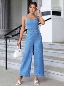 SHEIN Essnce Zip Back Wide Leg Denim Overalls - Light Wash - View 1
