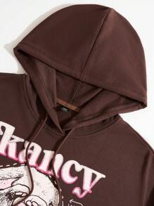 SHEIN EZwear Plus Size Letter & Cartoon Graphic Drop Shoulder Drawstring Sweatshirt - Coffee Brown - View 5