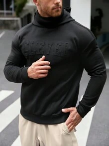 Manfinity BRENVOR Men's Casual Solid Color Letter Embossed Hoodie, Autumn/Winter, Long Sleeve Top - Black - View 3