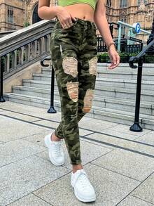 Women Camouflage Ripped Stretch Skinny Leggings - Army Green - View 4