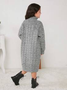 Tween Girl Turtleneck Cable Knit Drop Shoulder Sweater Dress - Grey - View 2