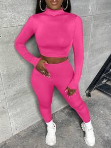 Slaydiva Solid Crop Tee & Leggings - Hot Pink - View 4