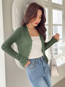 DAZY Áo len cardigan có nút trang trí hình con sò phía trước - Màu xanh Ô liu - Xem 3