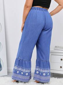 SHEIN LUNE Plus Floral Print Ruffle Hem Belted Wide Leg Jeans - Medium Wash - View 2