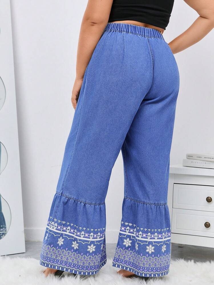Plus Floral Print Ruffle Hem Belted Wide Leg Jeans