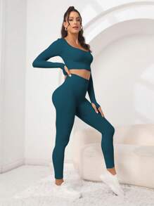 Easithlete Solid Scoop Neck Thumbholes Crop Tee & Leggings - Navy Blue - View 3