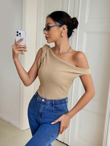 SHEIN Privé Solid Asymmetrical Neck Ribbed Knit Top - Brown - View 4