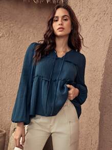 Bohemela Tie Neck Lantern Sleeve Frill Trim Peplum Top